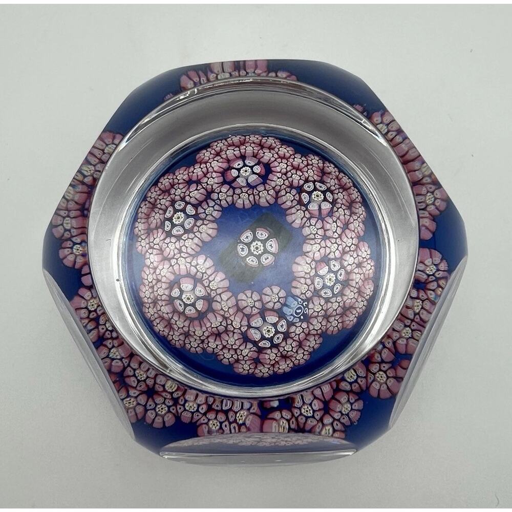 Whitefriars 1979 Faceted Millefiori Garland Art Glass Paperweight w Blue Ground